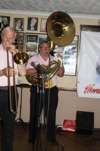 Iain MCaulay plays trombne and Pete Clancy plays Sousaphone for Sussex Jazz Kings at Farnborough Jazz Club on 29th April 2016. Photo by Mike Witt.