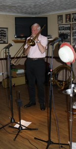 Iain MCaulay plays trombone with Sussex Jazz Kings at Farnborough Jazz Club (Kent) on 29th April 2016. Photo by Mike Witt.