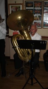 As his face is obscure from big photos, here's one on his own of John Arthy playing tuba for the 'Yerba Buena Celebration Jazz Band' at Farnborough Jazz Club (Kent), on 3rd June 2016. Photo by Mike Witt.