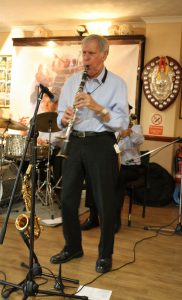Goff Dubber playing clarinet as one of 'Barry Palser's Super Six', here at Farnborough Jazz Club (Kent) on 15th July 2016. Photo by Mike Witt.
