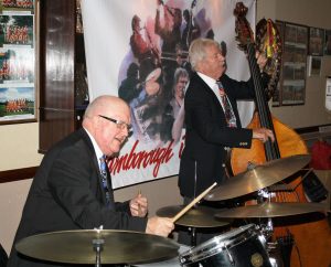 Martin Guy on drums and Murray Salmon, on double bass - part of the 'engine' of 'Jackie Free's Chicagoans', seen here at Farnborough Jazz Club (Kent).