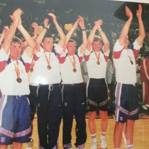 This is 1992, England team receiving Bronze Medals after beating Germany 6-2 in football. (Peter is second from right)