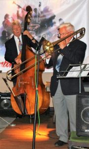 Jackie Free's Chicagoans play for Farnborough Jazz Club (Kent) on Friday, 5th August 2016. Murray Salmon (double bass) with Jackie (trombone) Photo by Mike Witt.