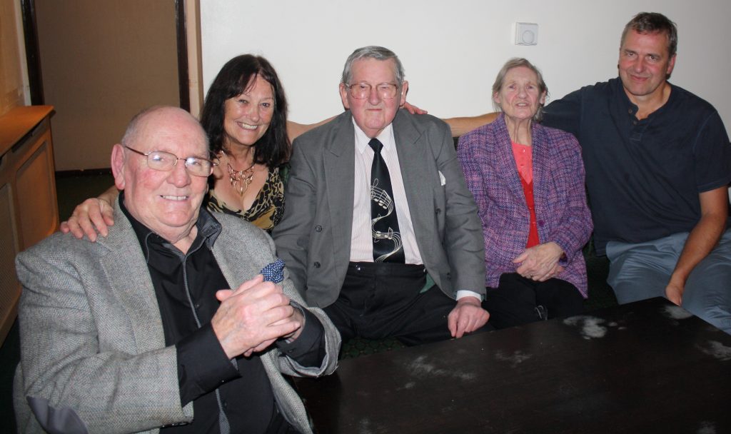 9oct2015enSeen here are Keith and Diane, Colin Dobson (of Billy Cotton Band Show fame), his wife Jo and their son-in-law, Jim, having just enjoyed 'Tony Pitt's All Stars' at Farnborough Jazz Club (Kent) on 9oct2015. Photo by Mike Witt.